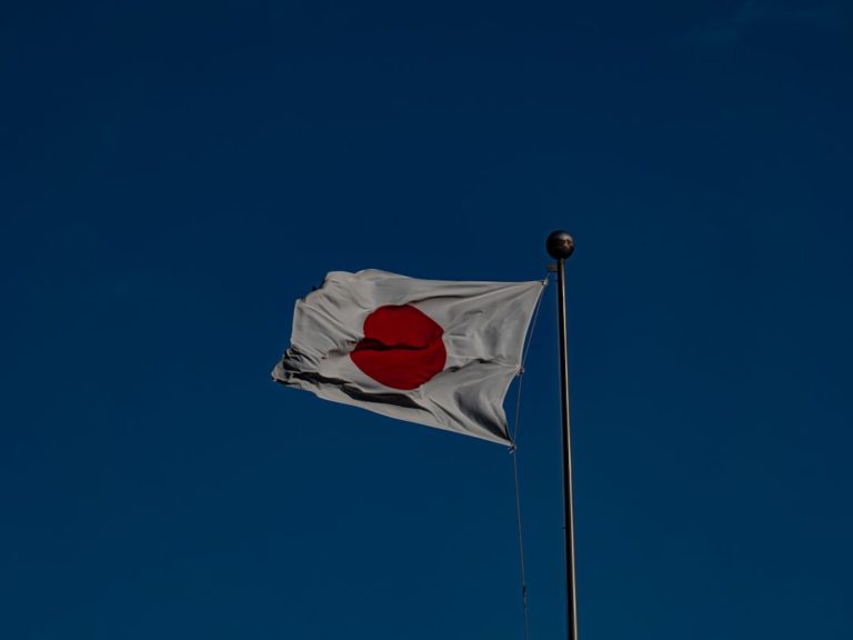 A flag flying in the wind with a blue sky in the background